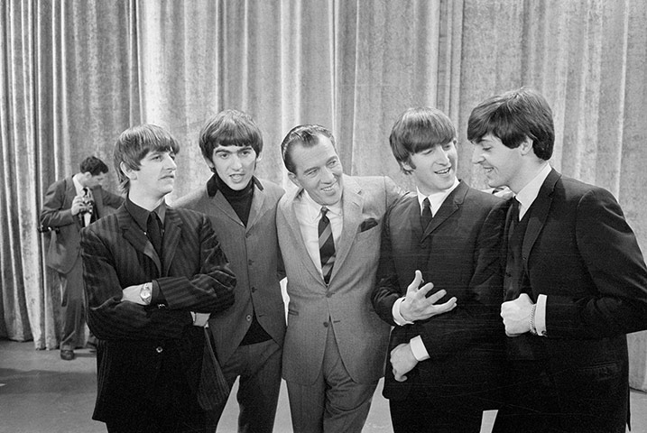 Beatles in America: Ed Sullivan with the Beatles in between rehearsals at CBS television studio