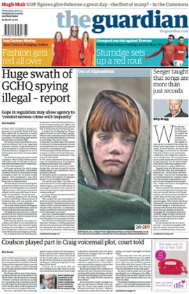Page one of the Guardian on 29 January 2014