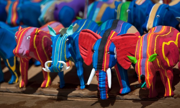 Finished toy animals made from pieces of discarded flip-flops are laid out in rows to dry in the sun, having just been washed, at the Ocean Sole flip-flop recycling company in Nairobi, Kenya. 