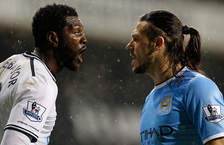 Spurs v Man City: Emmanual Adebayor argues with Martin Demichelis