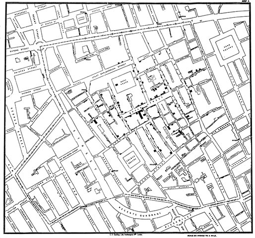 Maps: 1854 John Snow's map proving the Broad St pump was linked to a cholera outb