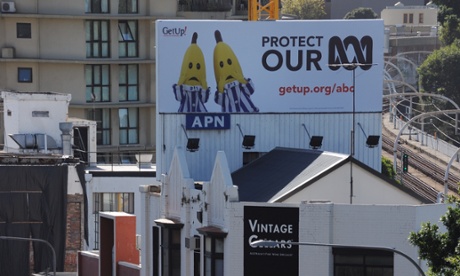 A crowd funded billboard is unveiled calling for the protection of the ABC, in the heart of Malcolm Turnbull's electorate in Rushcutters Bay, Sydney.