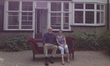 Katharine Thornton’s parents, Hugh and Rhona, on their chaise longue outside the old family home