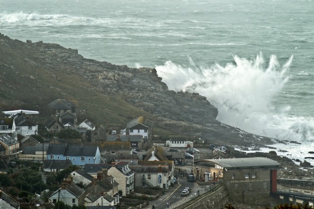 Atlantic waves as seen from the top of the hill overlooking Sennen Cove near Lands End, Cornwall