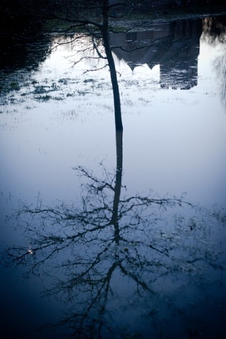 The reflection of a church in the Dorset flood waters.