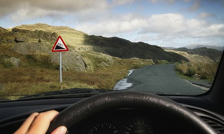 Driving down a steep road in Cumbria