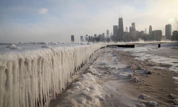 North Avenue Beach on Lake Michigan is encased in ice as temperatures hit a record low of -16 degrees fahrenheit.