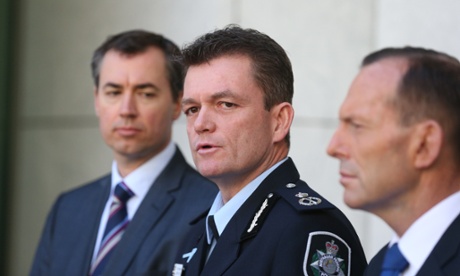 The Prime Minister Tony Abbott at a press conference with the AFP commissioner designate Andrew Colvin ad Justice Minister Michael Keenan.