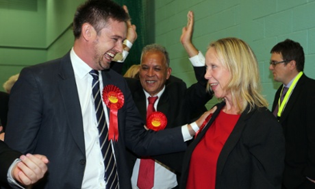 Labour's Liz Mcinnes celebrates her victory after the count for the Heywood and Middleton.