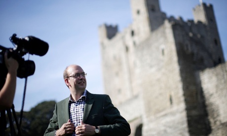 Former Conservative MP for Rochester and Stroud, Mark Reckless, talks to media outside Rochester Castle.