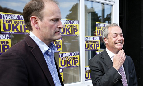 Douglas Carswell and Nigel Farage celebrating Ukip's victory in the Clacton byelection. Photograph: 