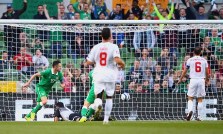 DUBLIN, IRELAND - OCTOBER 11: Robbie Keane of Republic of Ireland turns to celebrate after scoring their second goal during the EURO 2016 Qualifier match between Republic of Ireland and Gibraltar at Aviva Stadium on October 11, 2014 in Dublin, Ireland.  (Photo by Ian Walton/Getty Images)FootballSoccer