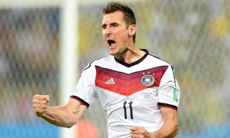(FILE) A photo taken on June  21, 2014 shows Germany's forward Miroslav Klose celebrats after scoring during a Group G football match between Germany and Ghana at the Castelao Stadium in Fortaleza during the 2014 FIFA World Cup . Klose, the all-time World Cup top scorer, has retired from international football, the German football federation announced on August 11, 2014.  AFP PHOTO / JAVIER SORIANOJAVIER SORIANO/AFP/Getty ImagesFOOTBALLWORLD CUPBUSTJOYCLENCHED FIST
