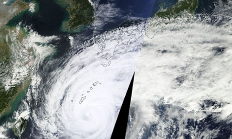 A Nasa satellite imageshows typhoon Vongfong south-west of Japan