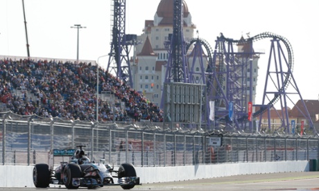 Lewis Hamilton of Britain steers his Mercedees during the race in Sochi