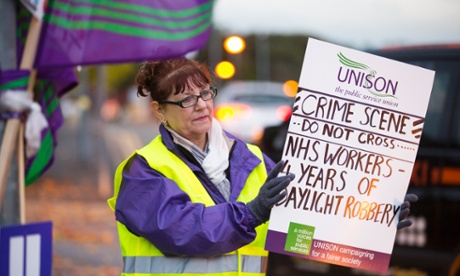 NHS workers on an early morning picket line at Fairfield General Hospital in Bury.