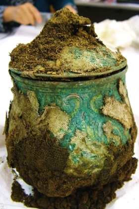 A large silver alloy Carolingian lidded vessel, part of the hoard of Viking treasure unearthed by metal-detecting enthusiast Derek McLennan, 47, in one of the most significant finds of its kind ever made in Scotland.