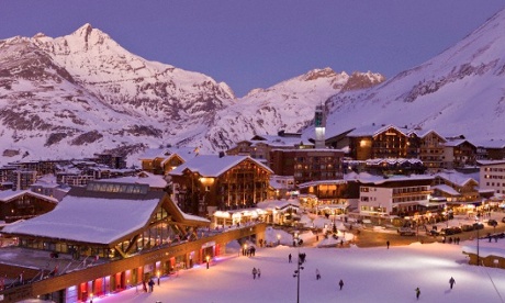 The ski resort of Tignes, France as night falls