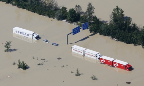 Trucks stand stranded near the eastern Bavarian city of Deggendorf after one of Europe's most frequented highways was flooded by the nearby river Danube in 2013