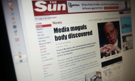 The Sun website after it was targeted by computer hackers, visitors to the website were redirected to a hoax story about Rupert Murdoch's suicide