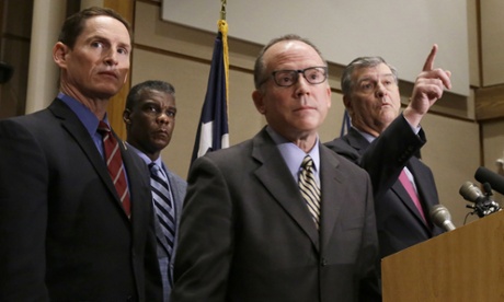 Dallas Mayor Mike Rawlings, right, with Dr Dan Varga, chief clinical officer at Texas Health Presbyterian Hospital (second right), Dallas county judge Clay Jenkins (left) and Zachary Thompson, director of Dallas County Health and Human Services.