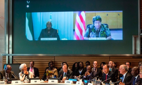 Sierra Leone's President Ernest Bai Koroma and Liberia's President Ellen Johnson Sirleaf appear via video conference at a meeting to address the Ebola crisis.