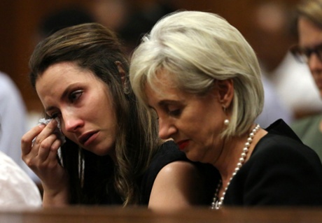 Aimee Pistorius (left), sister of Oscar Pistorius, sits next to her aunt Lois Pistorius in court on Thursday.