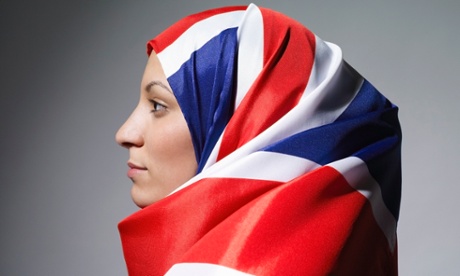 Woman wearing Union flag headscarf 