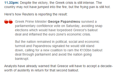 Greek PM wins confidence vote, November 2011