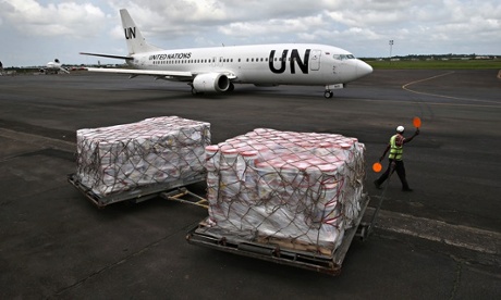 MDG : Ebola crisis : UN funding and supplies : Ebola relief aid sits on the tarmac in Liberia