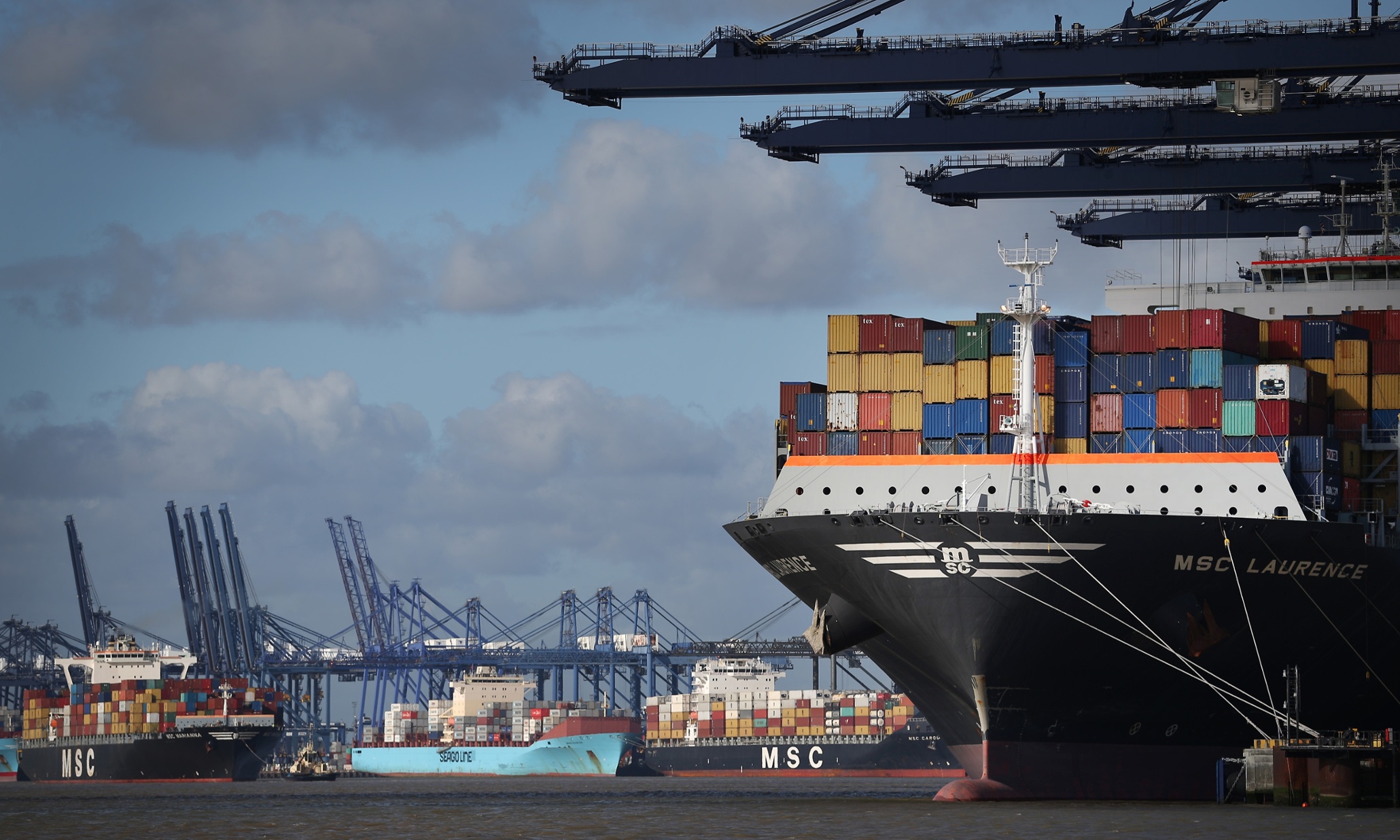 Container ships at Felixstowe, UK.