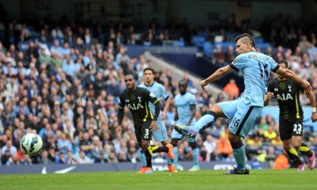 Sergio Aguero steps up to scores his and City’s second from the penalty spot.