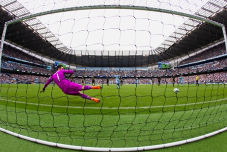 Aguero scores another penalty for his hat-trick, his third for City.