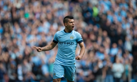 Sergio Aguero celebrates after scoring his third.