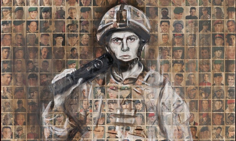 Faces of the Fallen. Arabella Dorman's ghostly portrait of a soldier painted over a collage of hundr