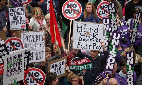 Demonstrators protesting about austerity in London