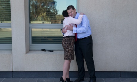 PUP senator Jacqui Lambie hugs Greg O'Shea from the ANZAC warriors.