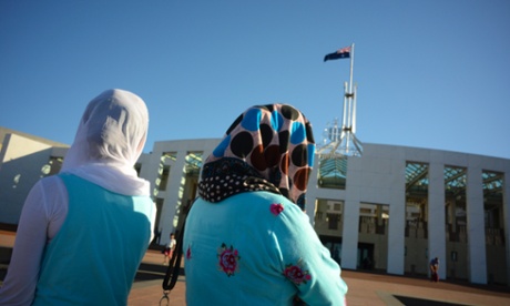 Visitors wearing hijabs outside Parliament House in Canberra on Thursday.