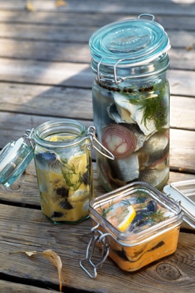 A selection of jarred pickled herring