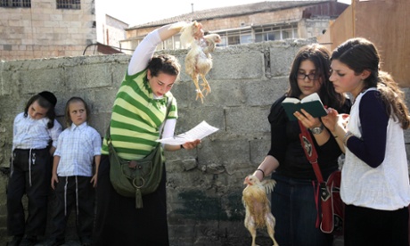 Ultra-Orthodox Jewish girls in the Mea Shearim neighborhood of Jerusalem as they twirl chickens over their heads and recite prayers during the 'kaparot' ritual