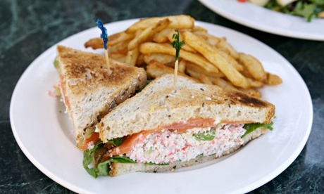 Crab and salmon sandwich with chips