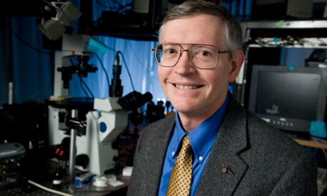 William E Moerner who along with Eric Betzig and Stefan W Hell won the Nobel Prize for Chemistry in  2014. In front of a microscope