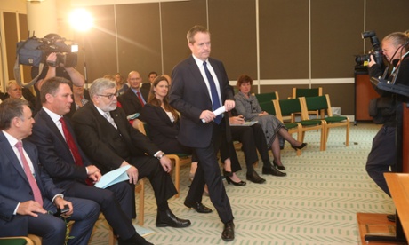 Leader of the Opposition Bill Shorten arrives to address caucus this morning, Tuesday 21st  October 2014.