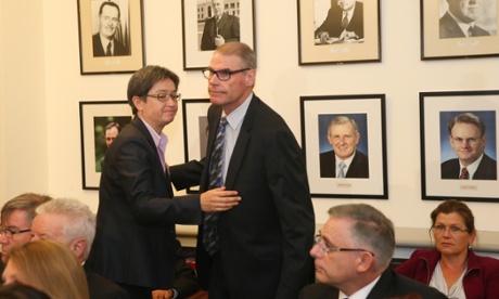 Senator John Faulkner is consoled by Leader of the opposition in the senate Penny Wong at a special caucus meeting this morning called. to mark the passing of former Prime Minister Gough Whitlam, Tuesday 21st  October 2014.