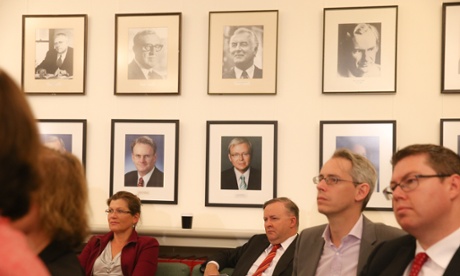 Senator Kate Lundy and Anthony Albanese at a special caucus meeting this morning called. to mark the passing of former Prime Minister Gough Whitlam, Tuesday 21st  October 2014.