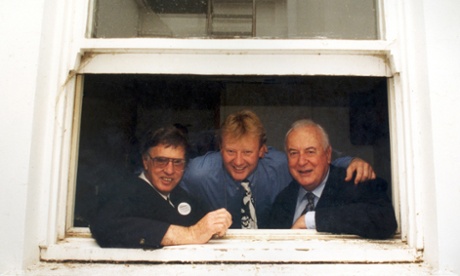 Former Prime Minister Gough Whitlam with the late journalist Peter Bowers and his son Mike Bowers at a funtion in Old Parliament House where they opened the refurbished Press Gallery exhibitions in the early 1990's. Photograph by Andrew Taylor