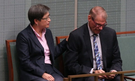 Senators Penny Wong and John Faulkner prepare to watch the condolence motions for former Prime Minister Gough Whitlam in the House of Representatives this afternoon, Tuesday 21st October 2014.