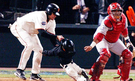 Darren Baker, the three year old son of San Francisco Giants manager Dusty Baker found his way onto the field during the 2002 World Series