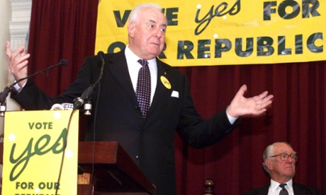 Gough Whitlam at the podium during a republican rally in 1999 next to the man who replaced him, Malcolm Fraser.