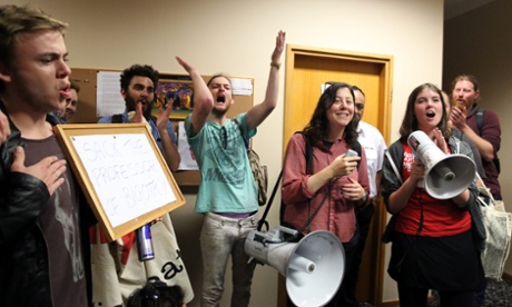 University of Sydney students rally outside Professor Barry Spurr's office calling for his sacking.